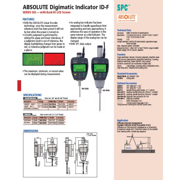 Mitutoyo Series 543-554E IDF ABS Digimatic model Accuracy:0.003mm Meas. Force:1.8N No.:543-554E Range:50mm/2" Resolution (switchable):0.001mm/0.01mm (0.00005"/0.0005"/0.0001"/0.001")