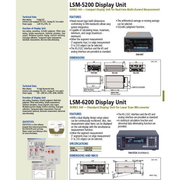 Mitutoyo 544-532 Ultra High Accuracy Laser Scan Micrometer LSM-500S 0.005-2mm / .0002-0.08", IP64 Rating, Note 544-072E should be ordered with this unit.