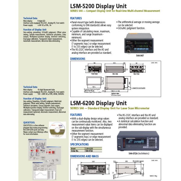 Mitutoyo 544-538 Laser Micrometer LSM-506S Measuring Range : 1-60mm/0.04-2.36" Resolution (Selectable) : 0.00005-0.1mm/0.000002-0.005" Repeatability :