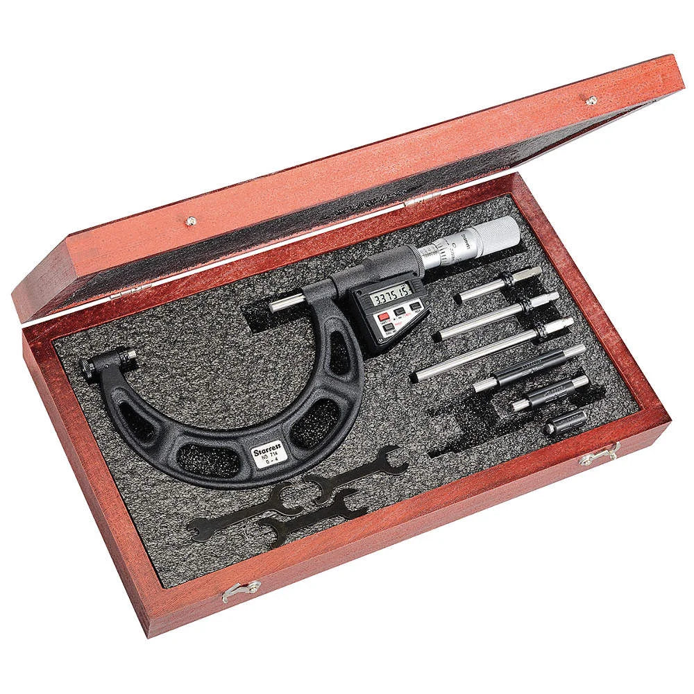 Starrett 714CFLZ LCD Interchangeable Anvil Micrometer, Friction Thimble, Lock Nut, 9-12" Range, 0.0001" Graduation, -0.00025" Accuracy