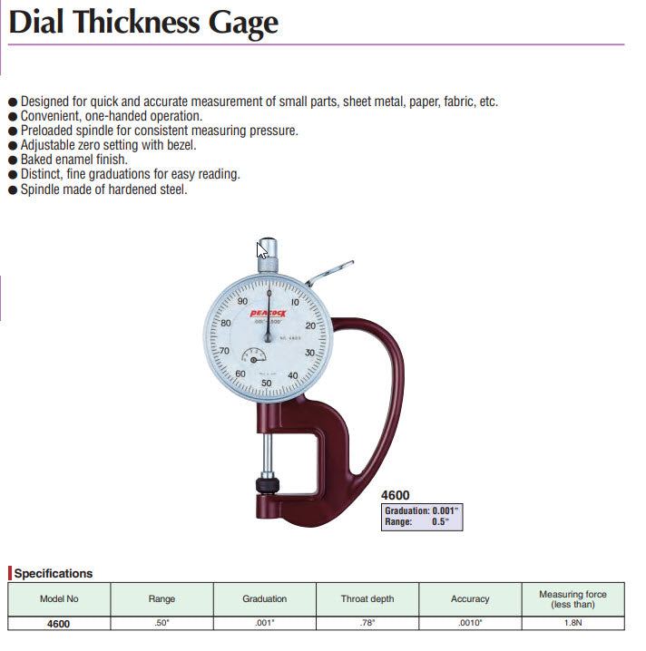 Peacock Dial Thickness Gauge Measuring range .5" Graduation 0.001", Throat depth .78" Model 4600