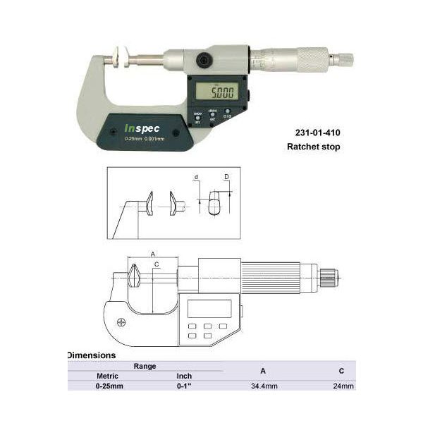 Inspec Jaw Micrometer Range 0-1"/0-25mm Resolution .001mm/.00005" R10M, Diameter 8mm Item number 231-01-410