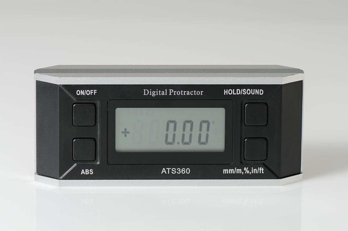 MHC 638-8801 Series 950 Digital Protractor 90° x 4 quadrants. Dimensions (L x T x H): 6" x 1.2" x 2" Resolution: 0.1° Range: 360°