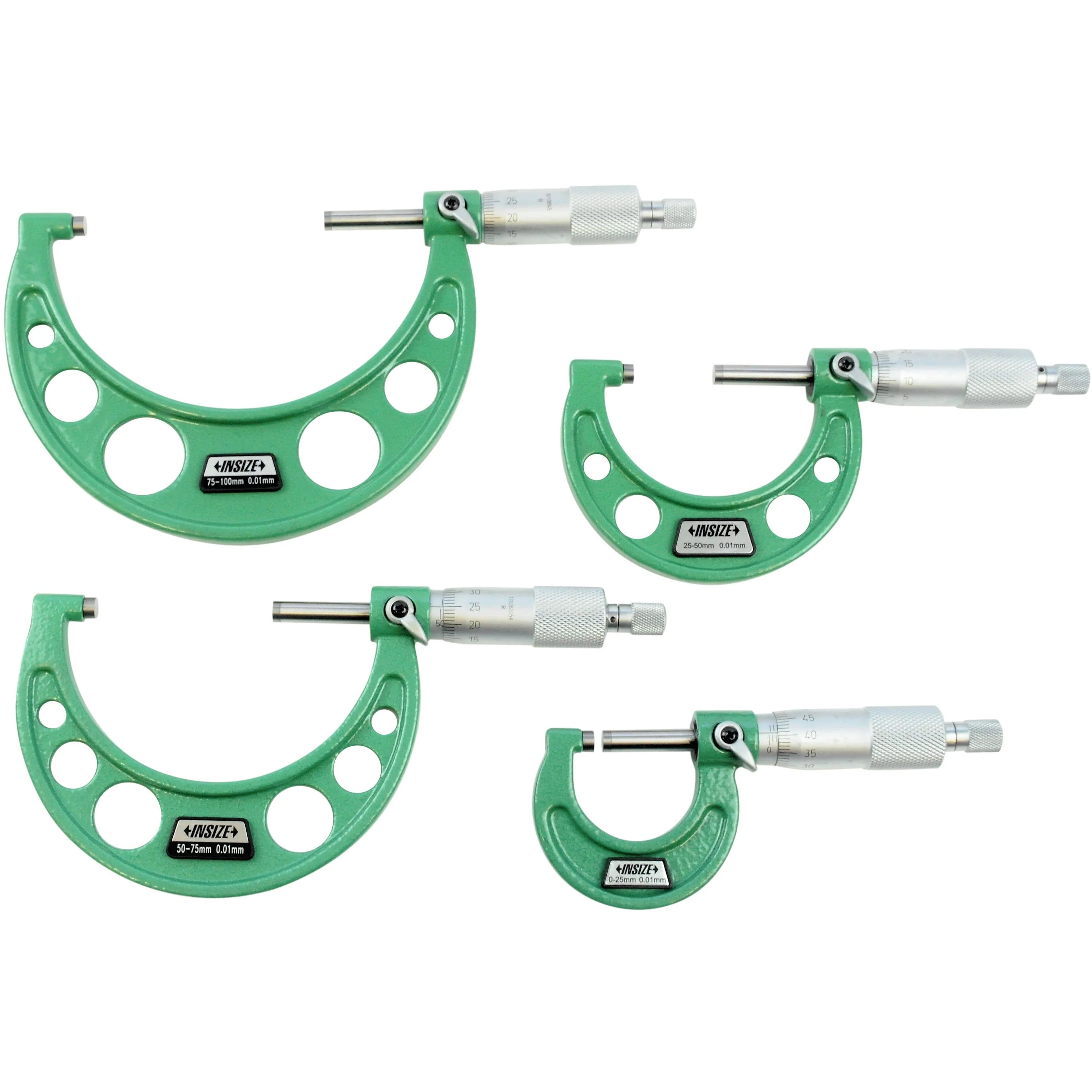 Insize 3203-1044 Set of Insize Mechanical micrometers without heat shield, Range : 0-100mm Graduation : .01mm Number of Micrometers : 4, Ratchet