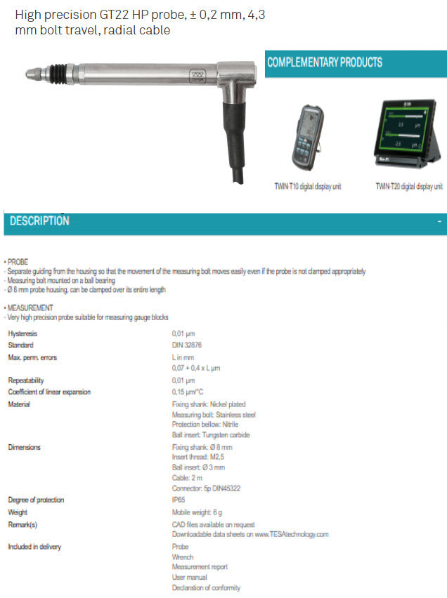 GT22 Standard Probe +/- 1 mm, F 2.5 N 03210927