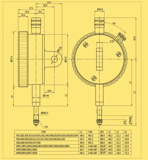 Baker (Mercer Style) Plunger indicator K02, Range 10mm, Graduation .01mm, Reading 0-100