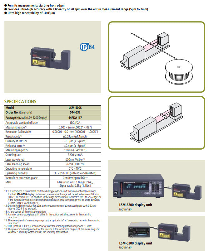 Mitutoyo 544-532 Ultra High Accuracy Laser Scan Micrometer LSM-500S 0.005-2mm / .0002-0.08", IP64 Rating, Note 544-072E should be ordered with this unit.