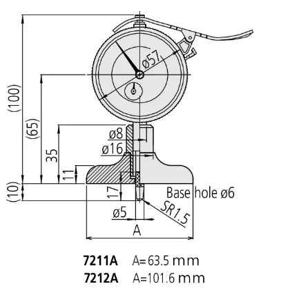 Dial Indicator Depth Gauge 0-200mm, Ball Point Contact Element, 63,5mm Base 7211