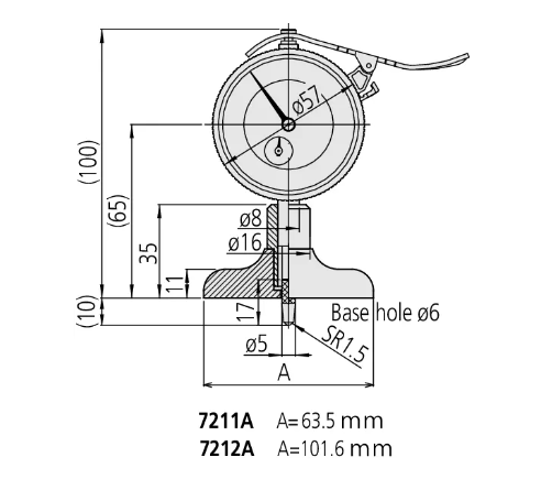 Dial Indicator Depth Gauge 0-200mm, Ball Point Contact Element, 101,6mm Base 7212A