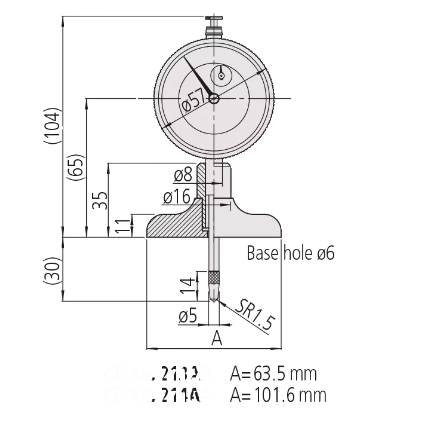 Dial Indicator Depth Gauge 0-210mm, Ball Point Contact Element, 63,5mm Base 7213A