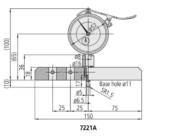 Mitutoyo Dial Indicator Depth Gauge 0-200mm, Ball Point Contact Element, 150mm Base 7221A