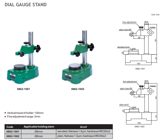 Insize 6862-1002 Dial Gauge Stand Capacity: 100mm Fine Adjustment:1mm Step 8mm & 9.53mm with a flat anvil.