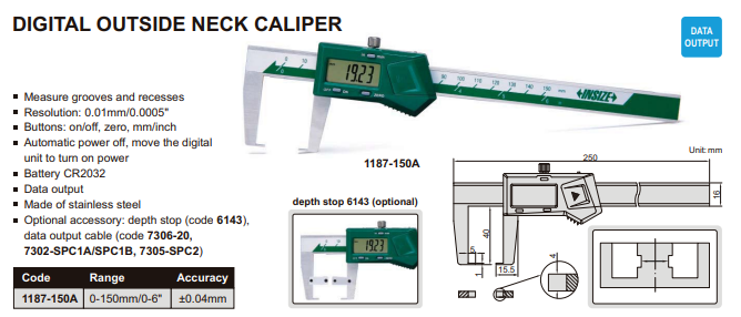 INSIZE 1187-150 ELECTRONIC OUTSIDE GROOVE CALIPER RANGE 0-6"/0-150mm, DEPTH 40mm/1.6"