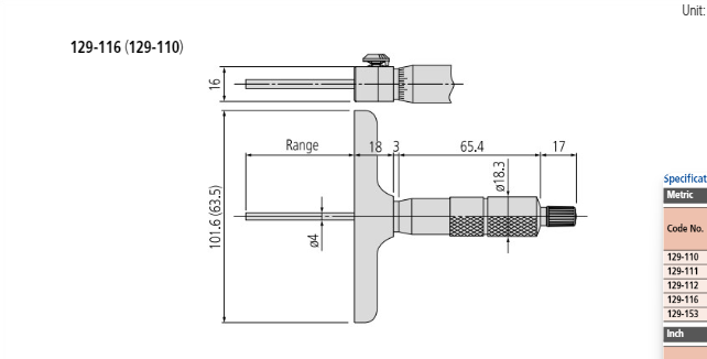 Mitutoyo Depth Micrometer 0-100mm 63mm Base 129-111