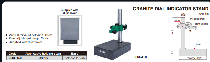 INSIZE 6866-150 Vertical travel of holder: 150mm, Fine adjustment range: 2mm, Applicable holding stem: Ø8mm, Base: flatness 3.2µm, Granite table 200 x 150mm