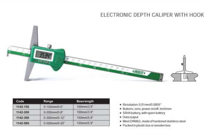 Insize 1144-150 Depth Gauge Output: SPC data output via USB interface Range: 0-150mm/0-6" Resolution: .01mm/.0005" Base Length: 100mm