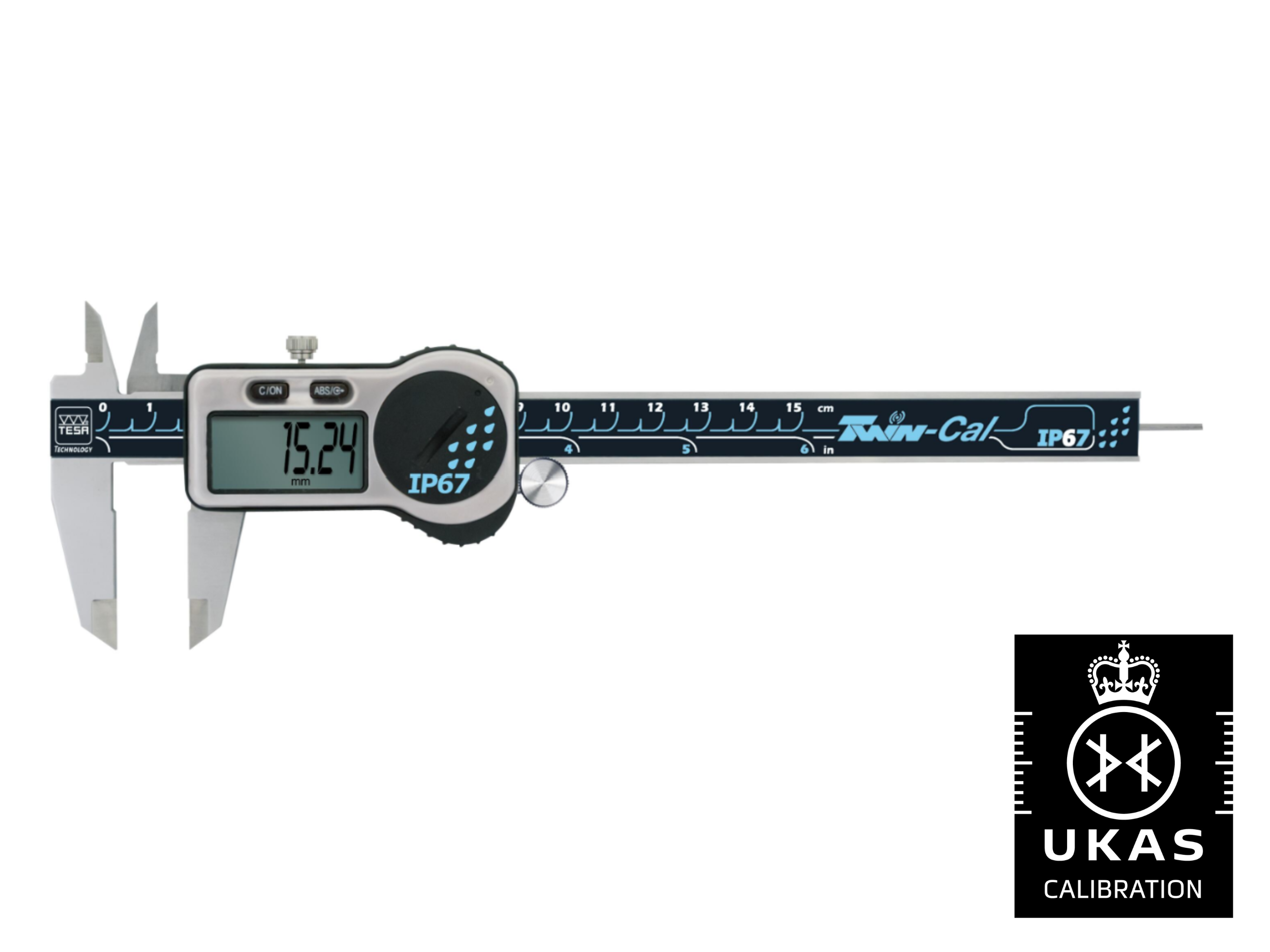 Tesa Universal Digital Calipers, 150 mm, TWIN-CAL IP67 (Round Depth Rod & Thumb Roller) 00530321 with UKAS calibration