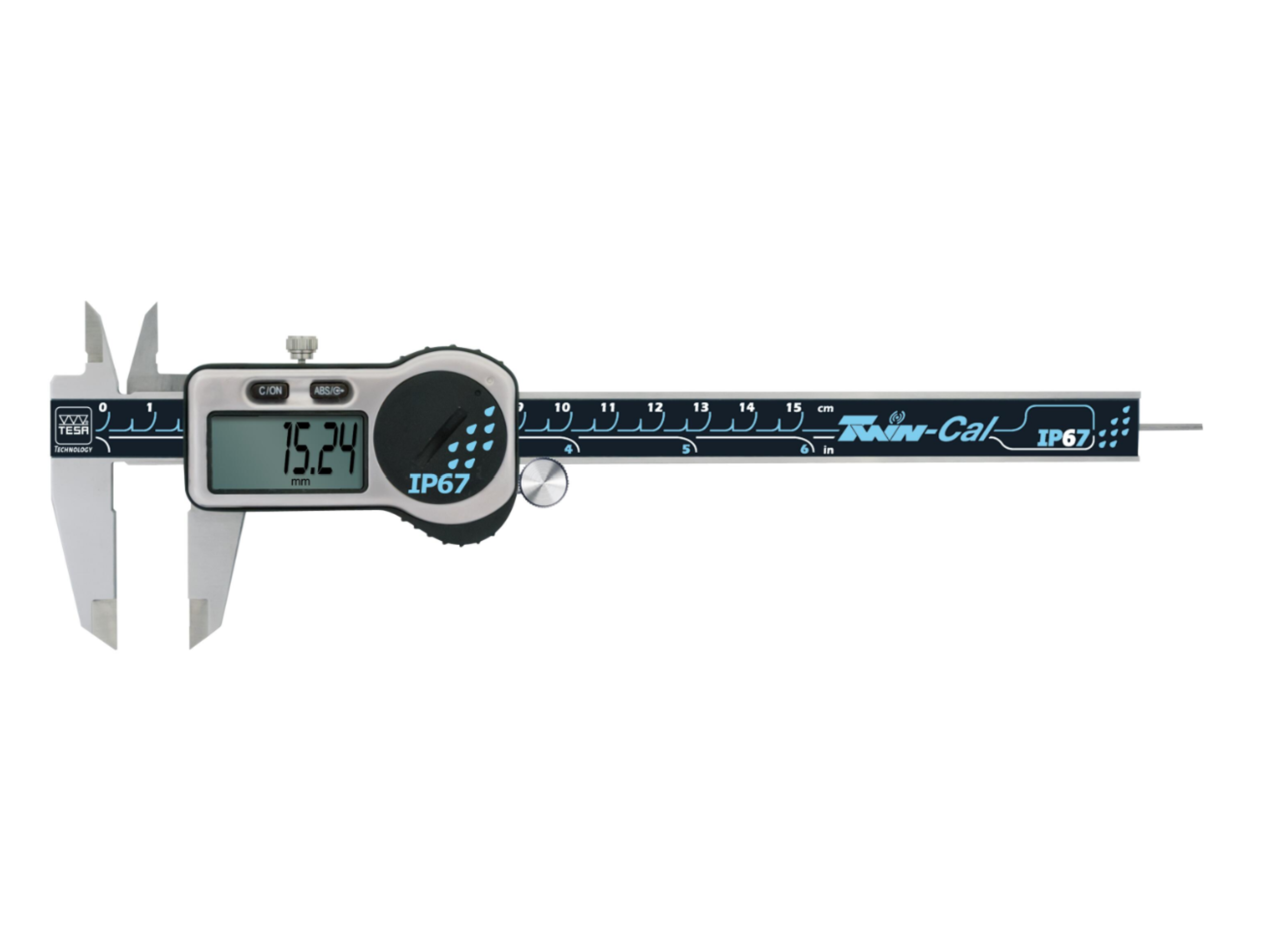 Tesa Universal Digital Calipers, 150 mm, TWIN-CAL IP67 (Round Depth Rod & Thumb Roller) 00530321