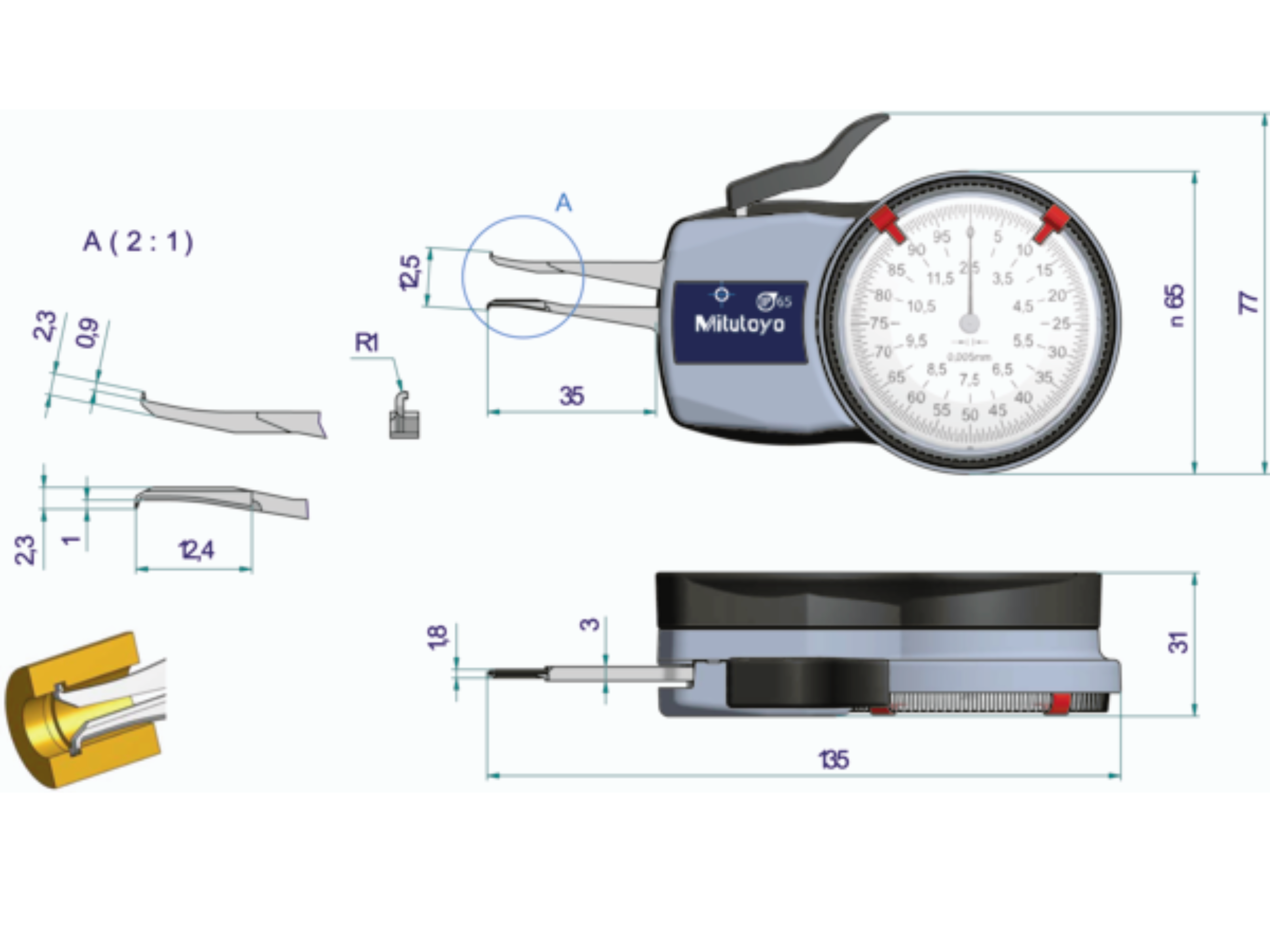 Metric Internal Dial Caliper Gauge 2,5-12,5mm, 0,005mm 209-300
