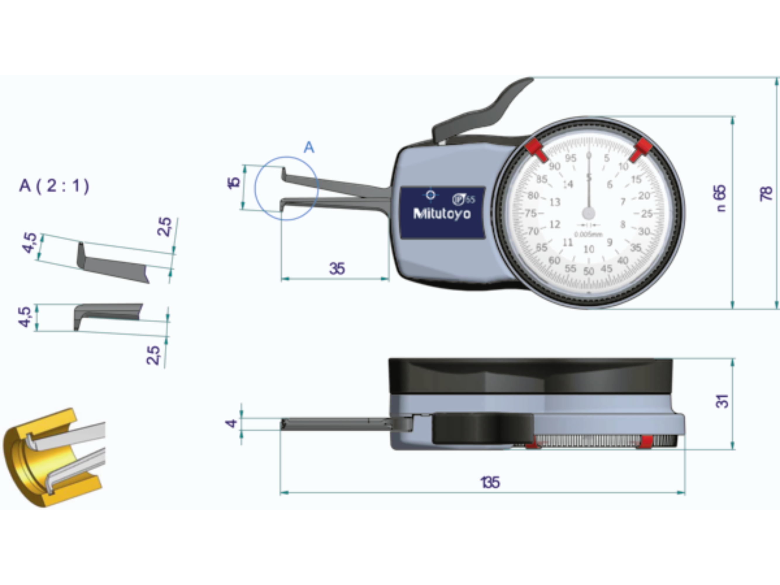 Metric Internal Dial Caliper Gauge 5-15mm, 0,005mm