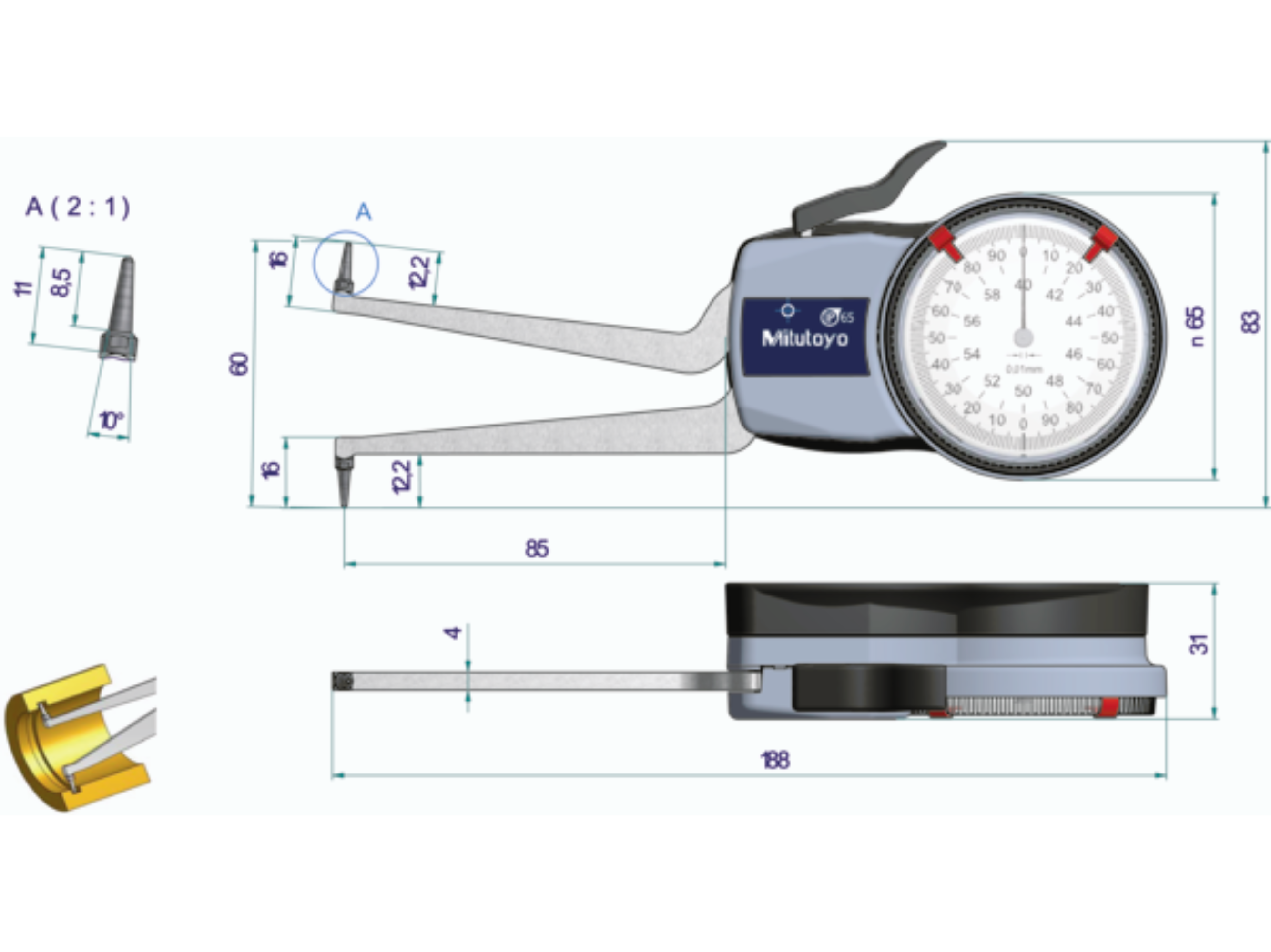Metric Internal Dial Caliper Gauge 40-60mm, 0,01mm