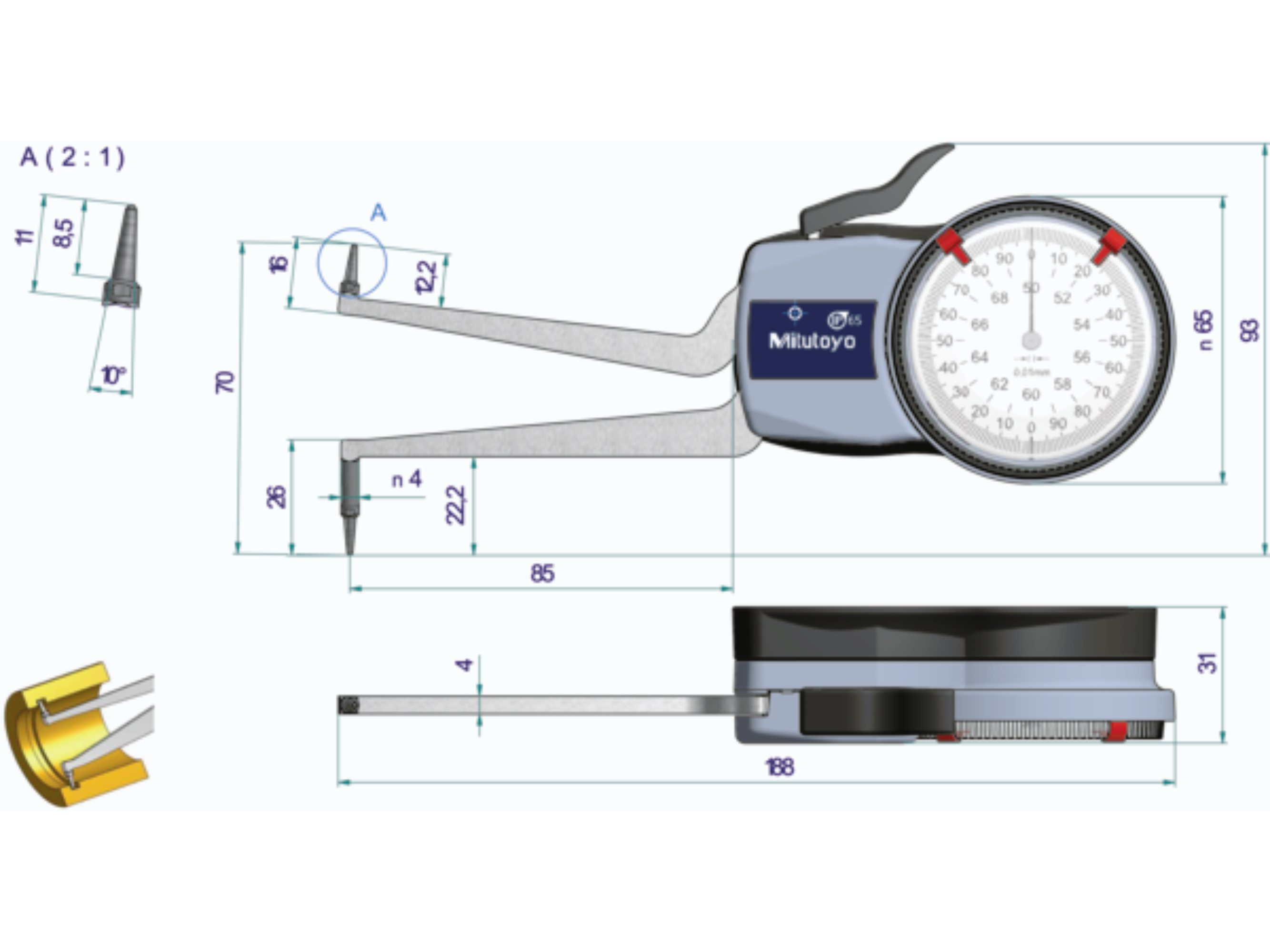 Metric Internal Dial Caliper Gauge 50-70mm, 0,01mm