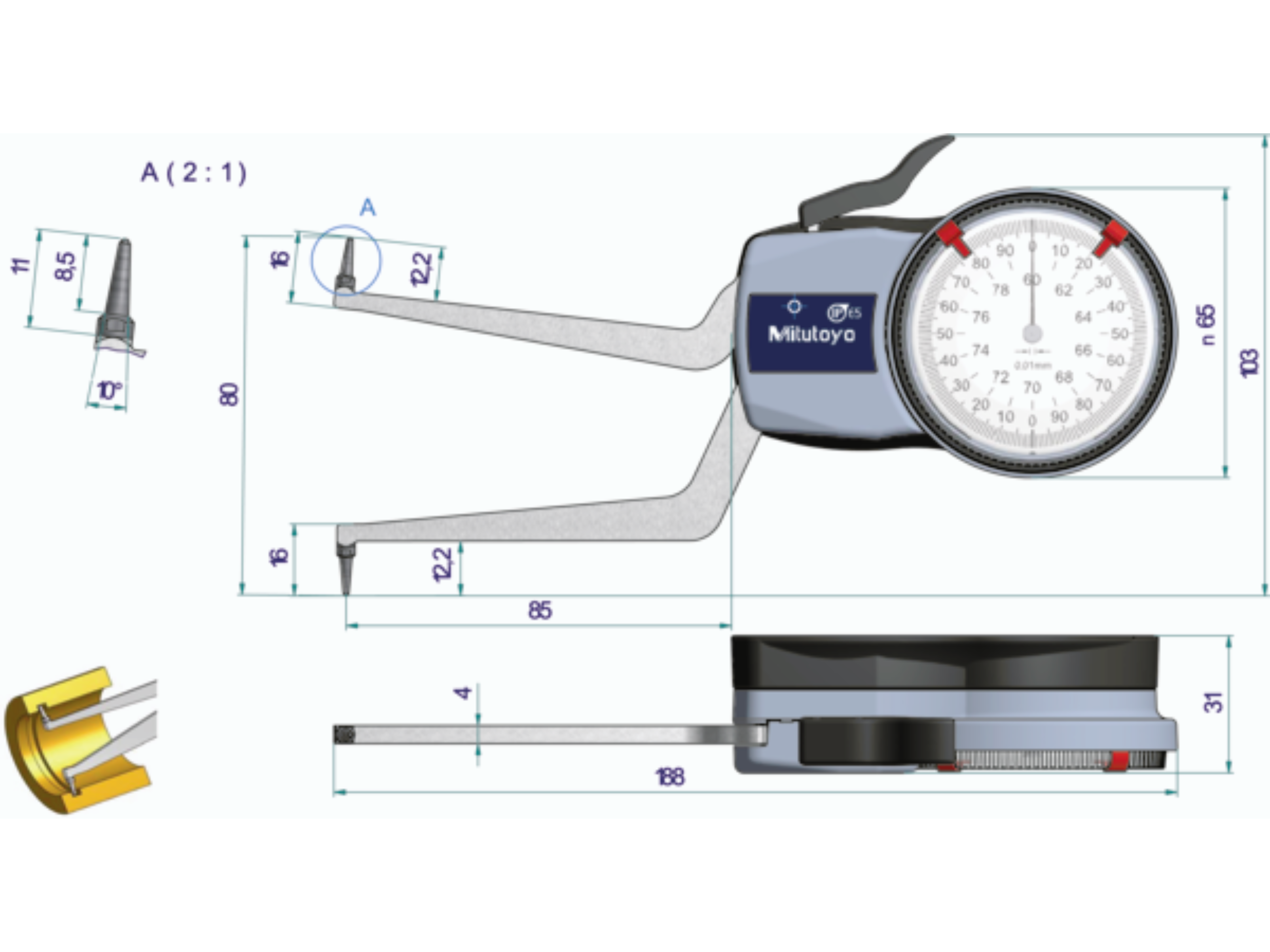Metric Internal Dial Caliper Gauge 60-80mm, 0,01mm
