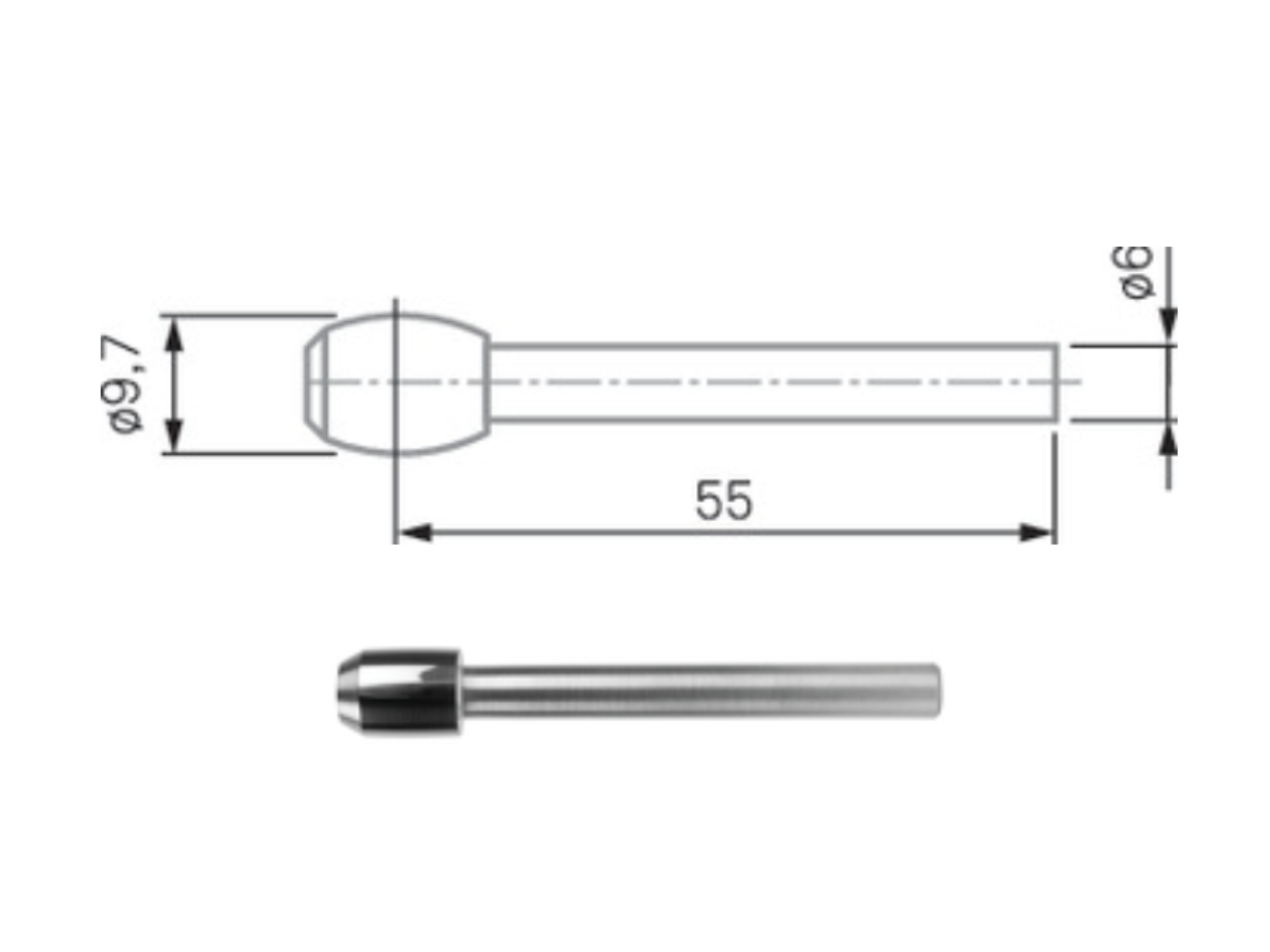 Barrel-shaped Tip Insert, Ø6 mm Shank, Ø9.7mm L62.5mm 00760068
