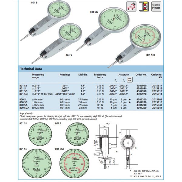 Mahr Test Indicators 4307950, Graduation: .0005", Model: 801SG, Range: .030", Face diameter 1.5'', Force 0.15N