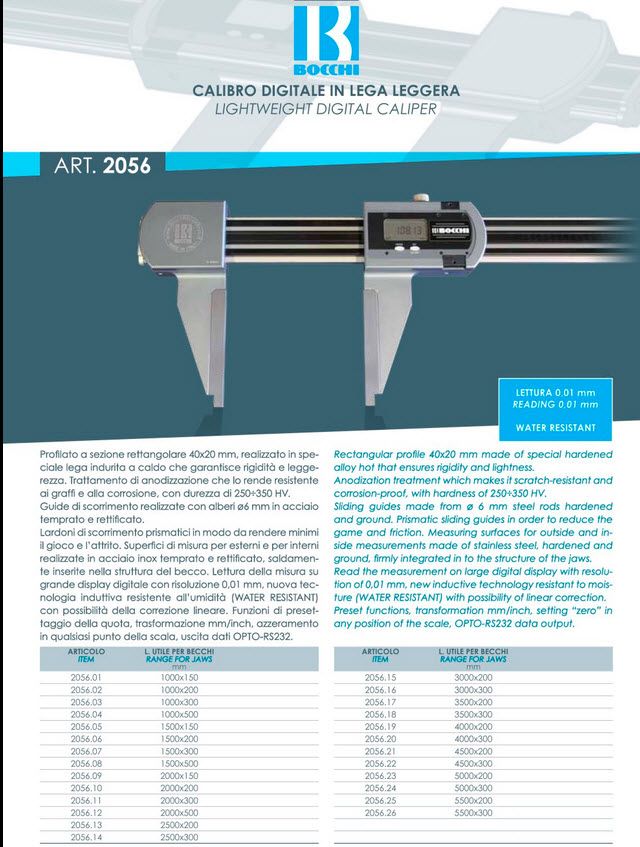 Bocchi 2056.13, 2500mm/100" Light weight digital caliper Jaw length 200mm/8", Water Resistant, Resolution .01mm/.0005", RS232 Output