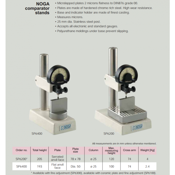 Noga SP6400 Noga Comparator stand SP6400 Description : Noga Comparator Stand Total Height : 193mm Plate : Flat anvil face Plate Size : 50mm diam. Column : 25mm Maximum measuring height : 100mm Cross arm : 74mm Fine Adjustment : No