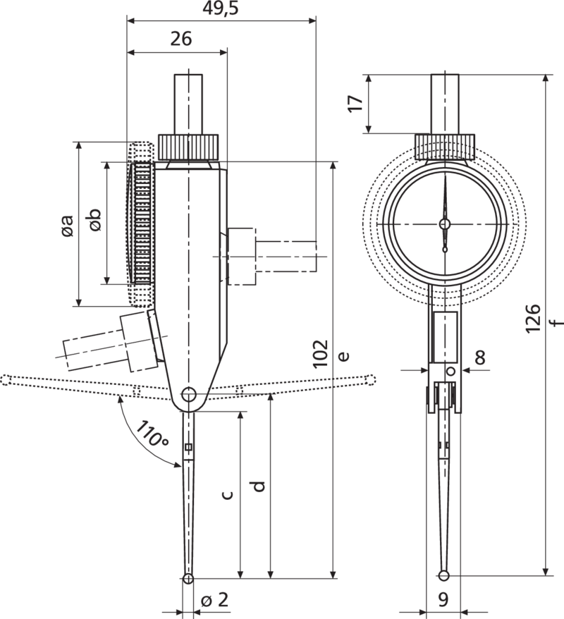 Mahr Test Indicators 4306960, Graduation: .0005", Model: 801SGL, Range: .020", Face diameter 1.5'', Force 0.07N Stylus Length 1.62''