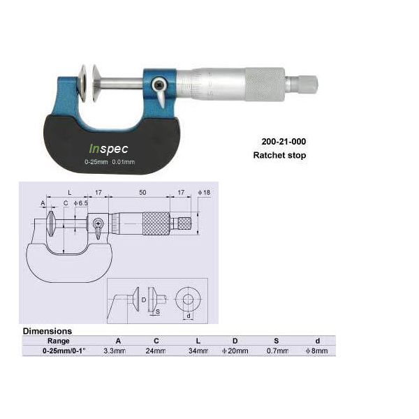 Inspec Disc Micrometer Range 0-1" x .0001" anvils 20mm Item number 200-21-101