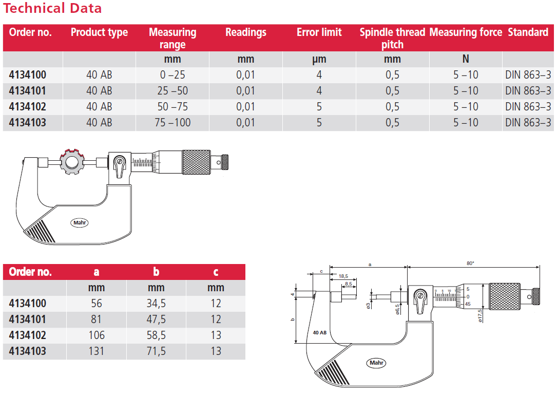 Mahr 4134101 Mechanical Spline Micrometers 40AB Microbar With Reduced measuring faces Range 25-50mm x .01mm, Accuracy .004mm