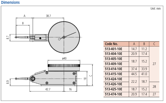 Dial Test Indicator, Horizontal Type 0.03"/0.7mm, 0.0005"/0.01mm, 9.52mm Stem 513-406-10E