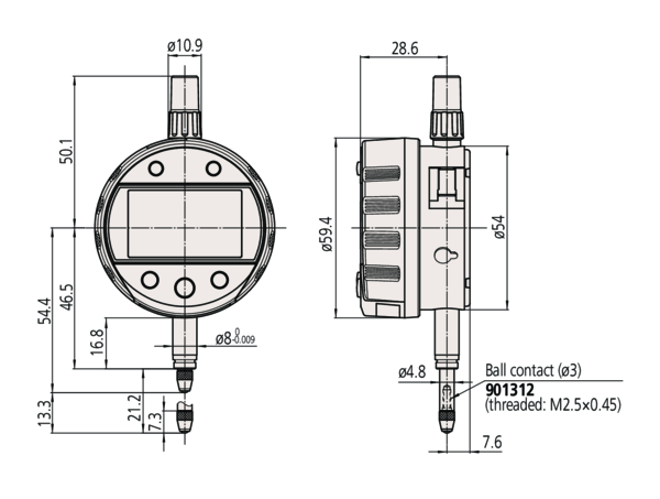 Mitutoyo 543-265B Absolute LCD Digimatic Indicator ID-C, for Bore Gauge Application, M2.5 x .45mm, 8mm Stem Dia., Flat Back, 0-.5"/0-12.7mm Range, 0.00005"/0.001mm Graduation, +/-0.00012" Accuracy