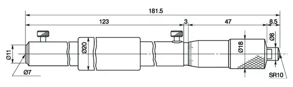 Inside Micrometer, Interchangeable Rods 200-1000mm, with 8 Rods, Hardened Face 141-118