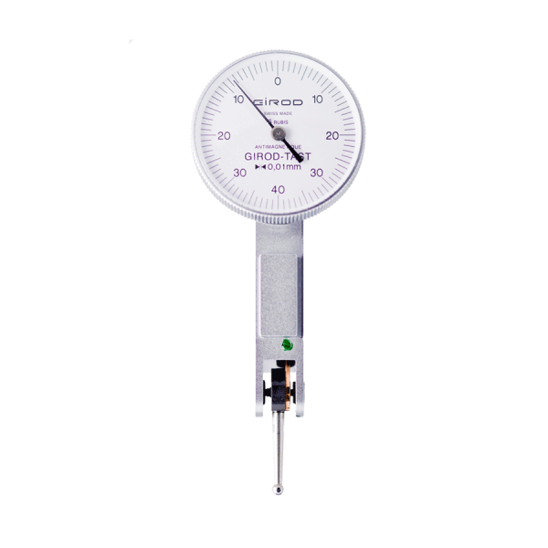 Girod Horizontal Indicator GT 1253, Graduation: .002mm, Range: 0.2mm, Reading: 0-100-0, Face 27.4mm, Stylus 12mm. DIN 2270