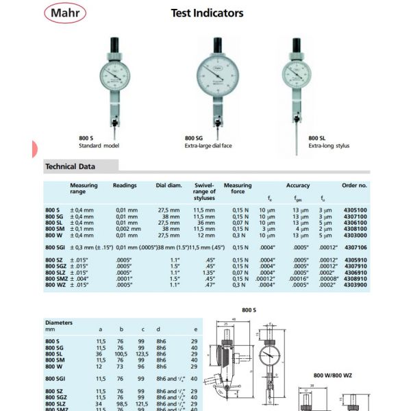 Mahr Inch/Metric Test Indicators 4307106 Model: 800SGI, Face 38mm, Range 0.03"/0.3mm, Graduation 0.0005"/0.01mm