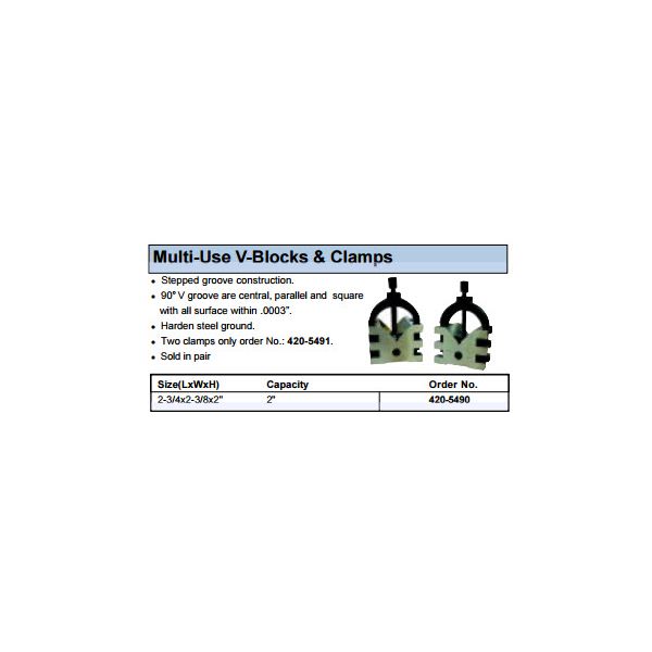 MHC Multi Use V-Block Set, 420-5490 Pair Precision V-blocks 65 x 75 x 50mm. Capacity 5-50mm