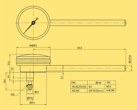 Baker U102 Universal Test set Back plunger Dial Indicator, 0.01 x 2mm Range, 0-100 Bezel 38mm