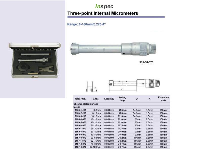 Inspec 315-07-070 3 Point micrometers Accuracy:.004mm Graduation:.005mm Range: 25-30mm