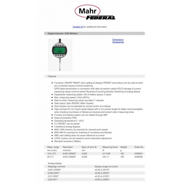 Mahr 4336800 Digital Indicators Accuracy:.005mm/.0002'', 12.5mm/0.5000'' Resolution: .001mm/.00005 Stem: 8mm 1083 Millitast