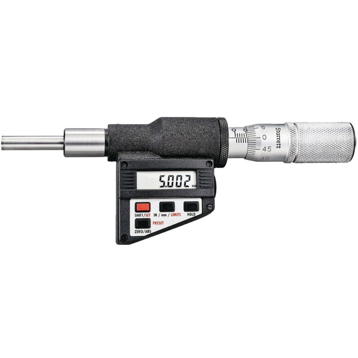 Starrett 762MEXFL-25 Digital Micrometer Head, Non-Rotating Spindle, 0-25mm Range, 0.001mm Graduation, +/-0.003mm Accuracy, Friction Thimble, Lock Nut, Carbide Face