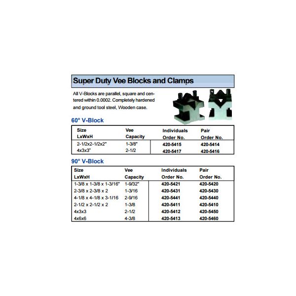 MHC 420-5420 Super Duty Vee Blocks L x W x H :1-3/8" x 1-3/8" x 1-3/16" Clamping capacity : 1-9/32" 90 degree Vee, Accuracy .0002" in Pairs