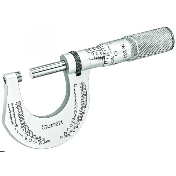 The Starrett T230XFL Outside Micrometer includes 0-1" range, friction thimble, lock nut, carbide face, 0-1" Range, .0001" Grad, Carbide Faces, Friction Thimble, Lock Nut.