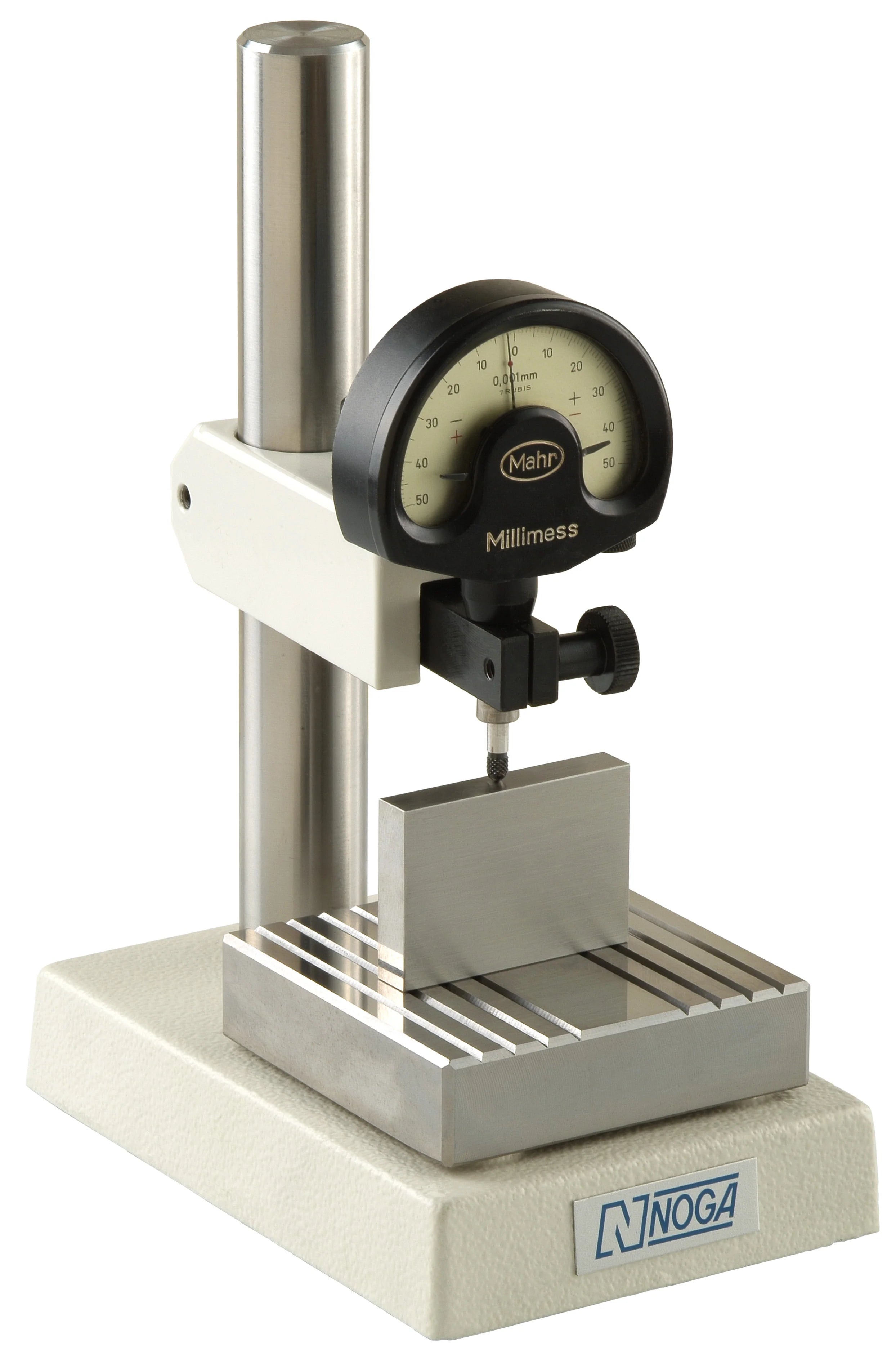 Noga SP6300 Noga Comparator stand SP6300 Description : Noga Comparator Stand Total Height : 205mm Plate : Serated Anvil Plate Size : 79mm x 79mm Column : 25mm Maximum measuring height : 120mm Cross arm : 74mm Fine Adjustment : Yes