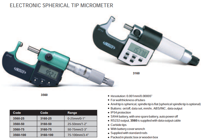 INSIZE TUBE Micrometer 0-1"/0-25mm x .00005"/.001mm Ball Anvil 3160-25